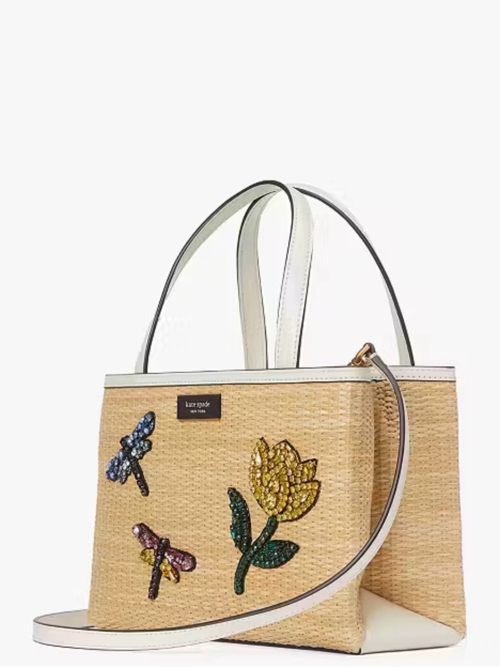 KATE SPADE Sam Icon Dragonfly Embellished Straw Small Tote Crossbody Bag Purse - Picture 4 of 17